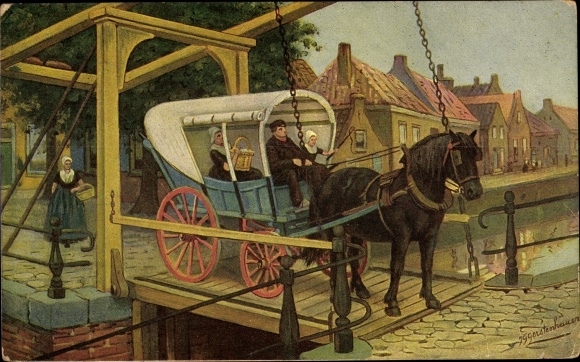 Artist PC Gerstenhauer, JG, Dutch motif, carriage on a bridge