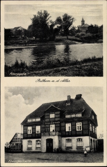 Postcard Rethem on the Aller, Allerpartie, district savings bank, church