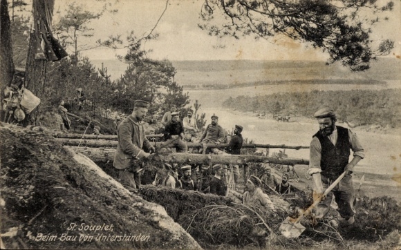 Postcard Saint Souplet Nord, soldiers building shelters
