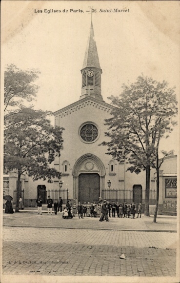 Ansichtkaart Parijs XIII, Kerk van Saint-Marcel, buitenaanzicht, voorbijgangers