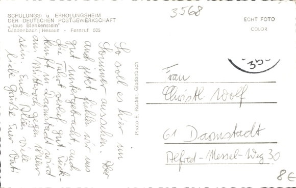 Postcard Gladenbach Hesse, training and recreation center of the German Postal Union, swimming pool