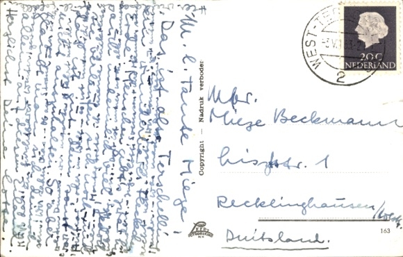 Postcard Terschelling Friesland Netherlands, harbor, Brandaris, seagull, De Friesland