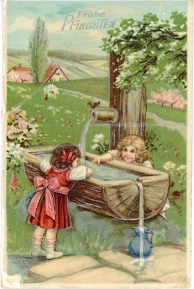 Chromo-Litho Happy Pentecost, Children, Fountain