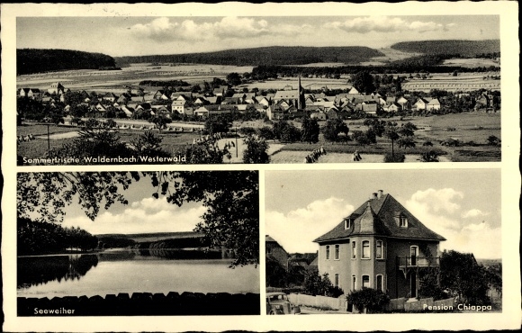 Postcard Waldernbach Mengerskirchen in the Westerwald, lake pond, Pension Chiappa, view of the town