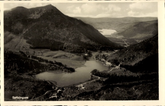 Postcard Spitzingsee Schliersee in Upper Bavaria, landscape with mountain lakes, mountains, clouds, historical, S