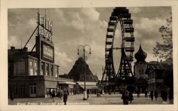 Postcard Wien 2 Leopoldstadt, Prater, Ferris wheel and roller coaster, Filmpalast