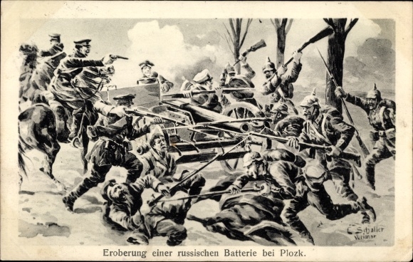 Artist PC Schaller, C., Conquest of a Russian battery near Plozk, I WW