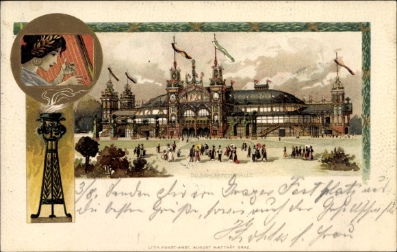 Embossed Chromo-Litho Graz Styria, 6th German Singers&#39; Festival 1902, Festhalle