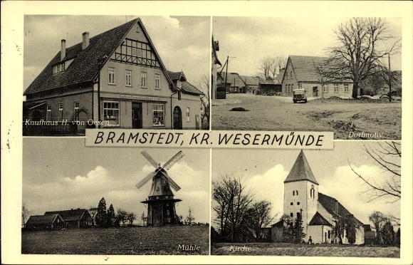 PC Bramstedt Hagen in Bremische in Lower Saxony, department store H. von Oesen, village motif, mill, church