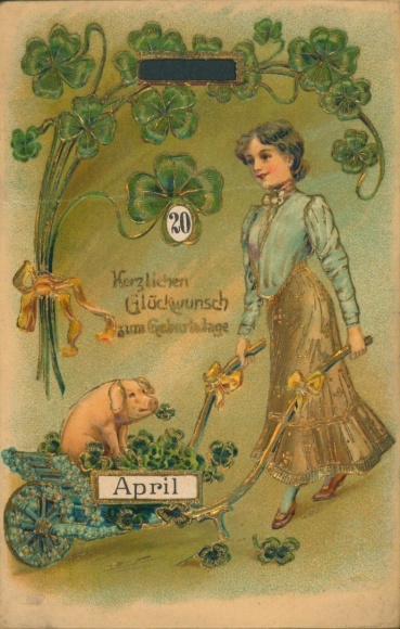 Chromo-Litho Happy Birthday, Lucky Pig, Girl with Pig