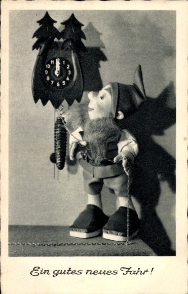Postcard Happy New Year, dwarf, clock