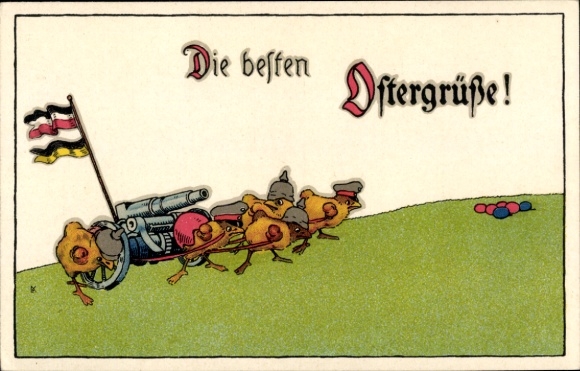 Ak Glückwunsch Ostern, Küken, Kanone