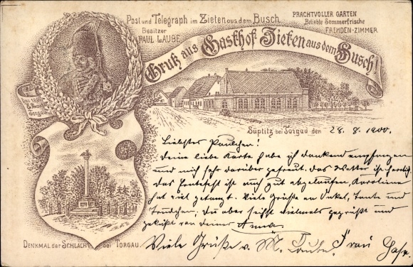 Litho Süptitz Dreiheide Sachsen, Gasthof Zieten aus dem Busch, Denkmal der Schlacht bei Torgau