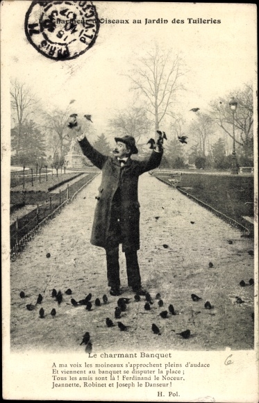 Postcard Paris, The Bird Charmer in the Tuileries Garden, The Charming Banquet