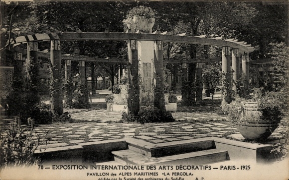 Postcard Paris, exhibition Arts Decoratifs 1925, Pavilion des Alpes Maritimes, pergola