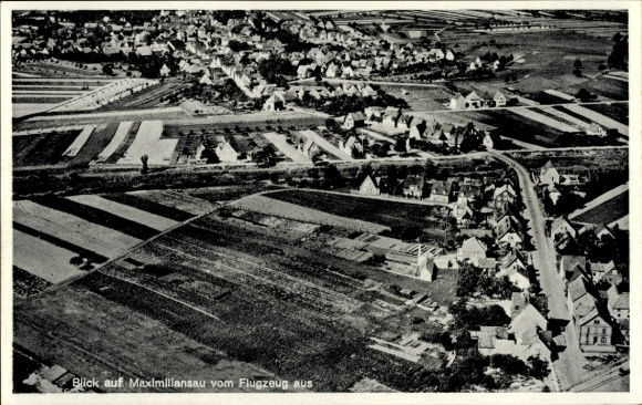 Ak Maximiliansau Wörth am Rhein, Luftaufnahme, Landschaft, Häuser, Felder