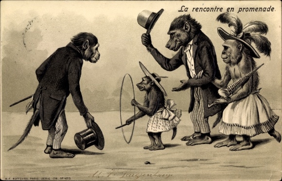 Chromo-Litho Humanized chimpanzee, child with hoop, top hat, plumed hat