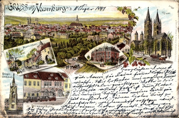Litho Naumburg an der Saale, Gesamtansicht, Kriegerdenkmal, Dom, Mädchenschule