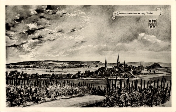 Artist PC Langenlonsheim an der Nahe, Bvineyards, church towers, coat of arms