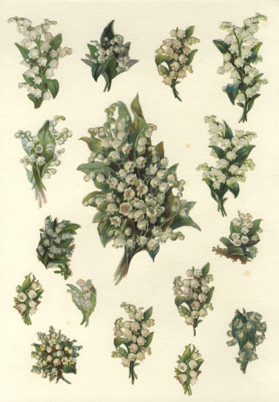 15 Oblaten Maiglöckchensträuße, ca. 15 x 9 cm bis 3,5 x 2,5 cm