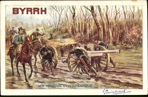 Artist Postcard Advertisement, Byrrh Vin Tonique, French soldiers with guns in the mud