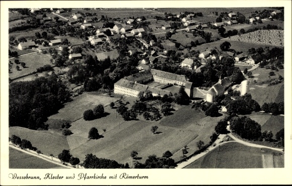 Postcard Wessobrunn in Upper Bavaria, aerial photograph, monastery and parish church with Roman tower