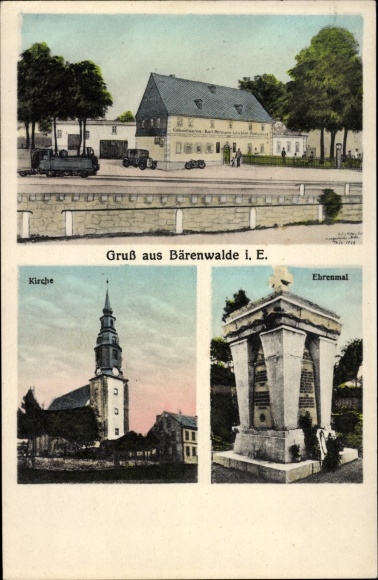 Postcard Bärenwalde in the Erzgebirge Saxony, colonial goods, church, memorial
