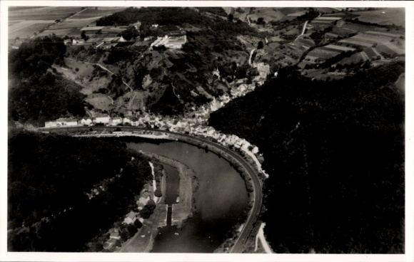 Postcard Balduinstein an der Lahn, aerial photograph of Balduinstein, Lahn, gardening school, Schwalbenst