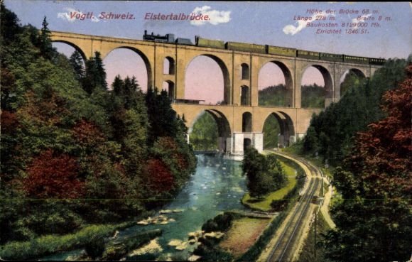 Postcard Jocketa Pöhl in Vogtland, Elstertal Bridge, railway line