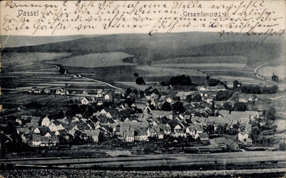 KP Dassel am Solling, historyczna panorama wioski, domy, krajobraz, tekst odręczny