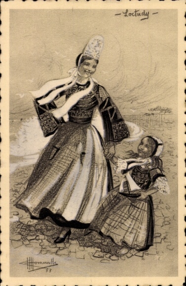 Artist Postcard Homualk, C., Loctudy Finistère, woman and child in Breton folk costume