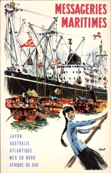 Kunstenaar Ansichtkaart Messageries Maritimes, Japan, Australië, Alantique, passagiersstoomboot in Azië