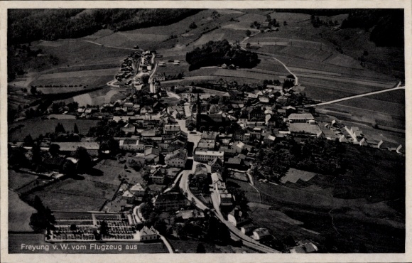 Postcard Freyung in the Bavarian Forest, aerial view of surrounding fields,