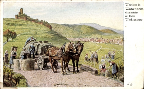 Artist Postcard Strieffler, H., Wachenheim an der Pfrimm, grape harvest, Wachtenburg ruins