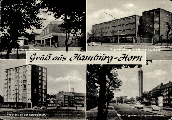 Postcard Hamburg Mitte Horn, shopping center, youth hostel, high-rise building on Rennbahnstraße