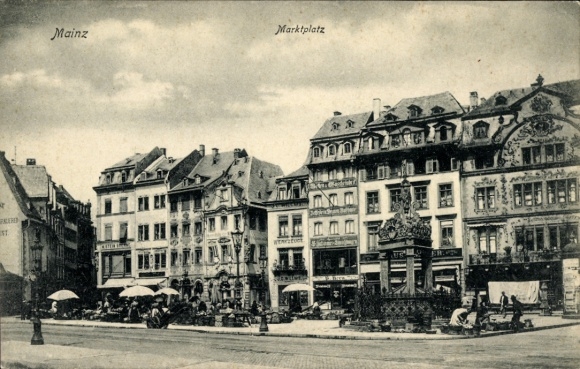 Postcard Mainz am Rhein, market square in buildings, people, market activity