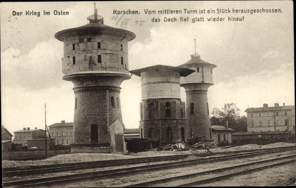 Postcard Korsze Korschen East Prussia, train station, water towers, war destruction I. WK