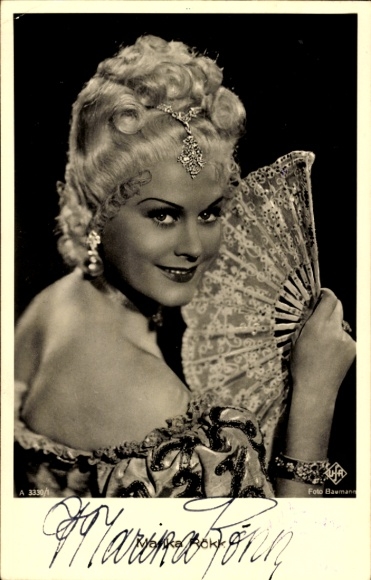 Postcard actress and dancer Marika Rökk, portrait, fan, autograph