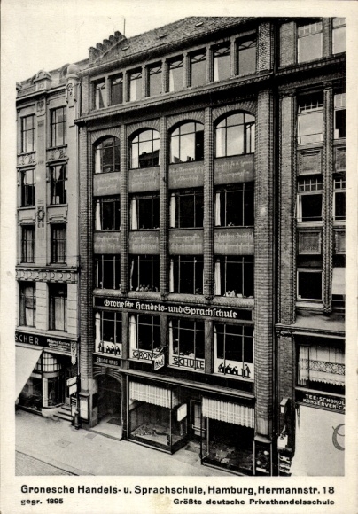 Ak Hamburg Mitte Altstadt, Grone Handels- und Sprachschule, Hermannstr. 18, gegründet 1895, größt