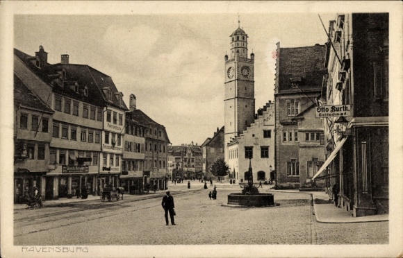 Ak Ravensburg Oberschwaben, Straße, Springbrunnen, Turm
