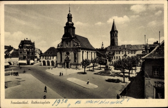 Ak Frankenthal in der Pfalz, Rathausplatz, Gebäude, Bäume, 1938, Schriftzug