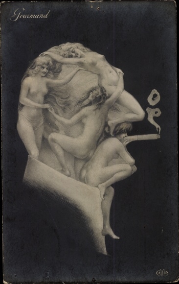 Artist Postcard Woman&#39;s body, man&#39;s face with cigarette, metamorphosis, gourmand