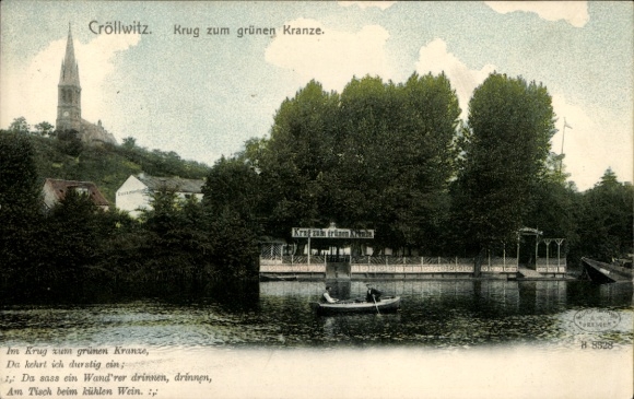 Postcard Kröllwitz Cröllwitz Halle an der Saale, Krug zum grünen Kranze, boat on the water, church i
