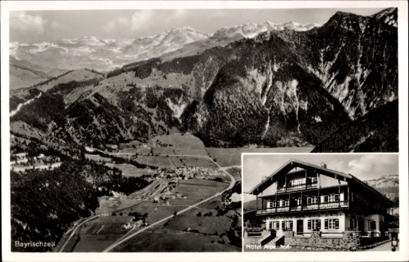 Postcard Bayrischzell in the Mangfall Mountains Upper Bavaria, mountain landscape, Hotel Alpenhof, place name signs Bayri
