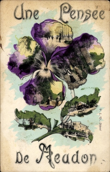 Postcard Meudon Hauts de Seine, colorful plant illustration with n pictures, decorative title