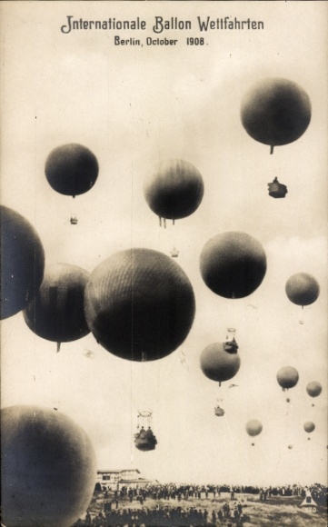 Postcard International Balloon Races Berlin 1908, balloons, spectators, PH 530