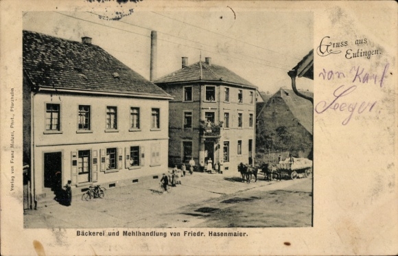 Ak Eutingen im Gäu Württemberg, bakkerij en meelwinkel van Friedr. Hasenmaier, gebouw, paard