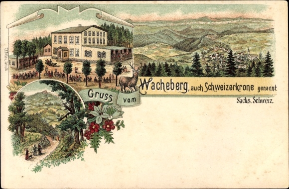 Litho Saupsdorf Sebnitz in Saksen, Wacheberg, Zwitserse kroon, panorama van de plaats