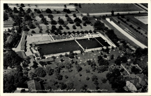 Ak Jugendheim an der Bergstraße, Schwimmbad, Luftaufnahme, viel Grün, Pools, Schwimmer