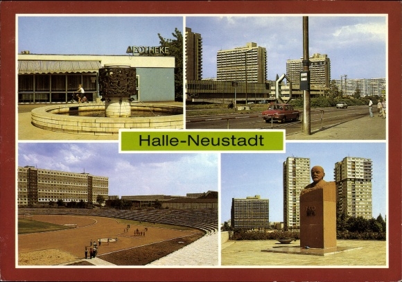 Ak Neustadt Halle an der Saale, Alchemistenbrunnen, Magistrale, Sportplatz, Lenin Denkmal, Apotheke